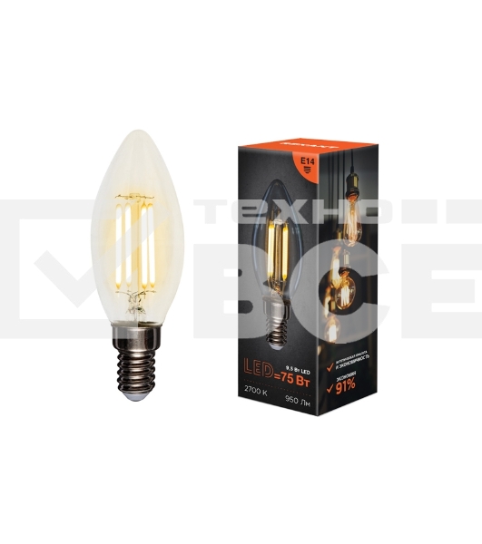 Лампа светодиодная филаментная Rexant Свеча CN35 9.5 Вт 950 Лм 2700K E14 прозрачная колба