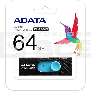 Флеш диск 64GB ADATA UV220, USB 2.0, черный/голубой