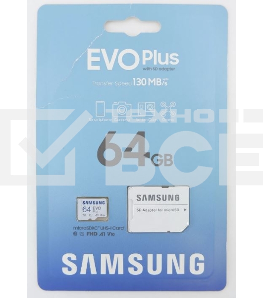 Флеш карта microSDXC 64GB Samsung EVO Plus Memory Card Samsung UHS-I U1 Class 10, Adapter, 130 MB/s, 10000 циклов, - 25°C to 85°C, RTL Samsung MB-MC64KA