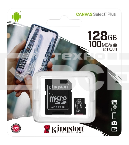 Флеш карта microSDHC 128GB microSDXC Kingston <SDCS2/128GB> Class10 UHS-I Canvas Select up to 100MB/s с адапт.