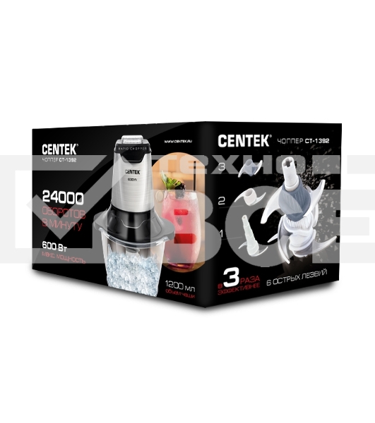 Чоппер Centek CT-1392 Сталь <600Вт> 6 лезвий, стеклянная чаша 1,2л, разборные ножи