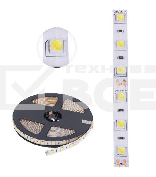 Лента LED 5 м 12 В 5050 6500 К IP65 60 LED/м для БП с клеммами LAMPER