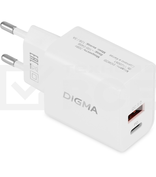 Сетевое зарядное устройство Digma DGW2D 20W 3A+1A (PD+QC) USB-C/USB-A универсальное белый