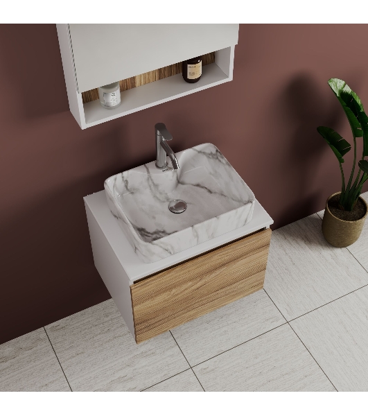 Комплект: тумба Bau Dream Blackwood 60, 1 ящик, раковина прямоугольная BAU Cerama 48х37, мрамор, смеситель Hotel Dream, нерж сталь, выпуск клик клак хром