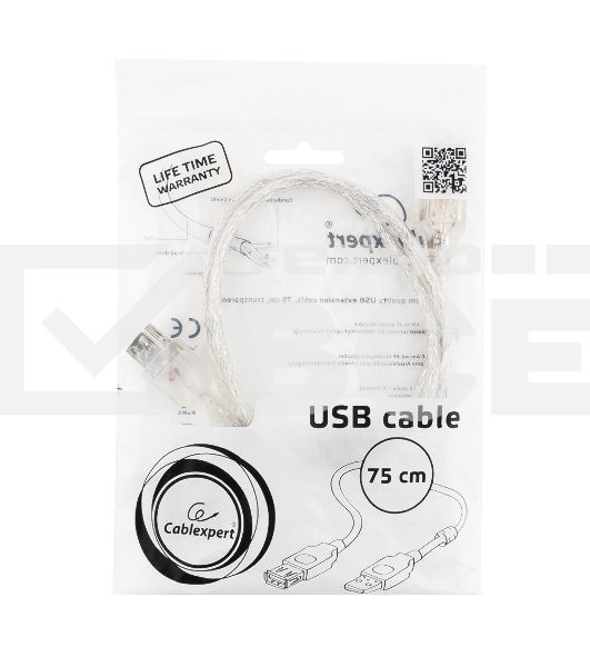 Кабель удлинитель USB2.0 Pro Cablexpert CCF-USB2-AMAF-TR-0.75M, AM/AF, 0,75м, экран, 2феррит.кольца, прозрачный, пакет