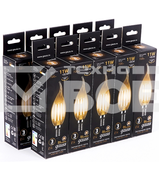 Лампа филам. Gauss Filament 11Вт цок.:E14 свеча 220B св.свеч.бел.теп. CF35 (упак.:10шт) (104801111)