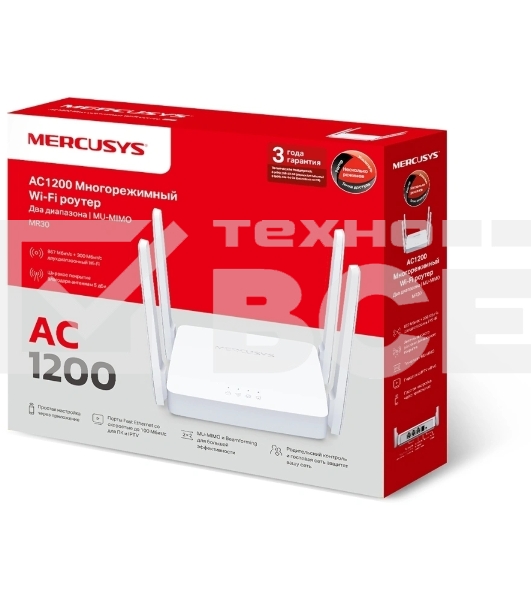 Роутер AC1200 Dual-Band Wi-Fi RouterSPEED: 300 Mbps at 2.4 GHz + 867 Mbps at 5 GHz SPEC: 4× Fixed External Antennas, 2× Gigabit LAN Ports, 1× Gigabit WAN PortFEATURE: Router/Access Point Mode, WPS/Reset Button, IPTV, IPv6, Beamforming, MU-MIMO