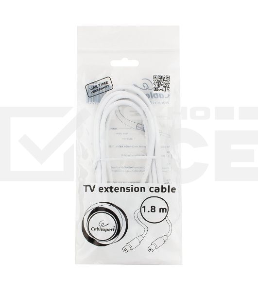 Кабель телевизионный Cablexpert CCV-515-W, Coaxial M/F, белый, 1.8м