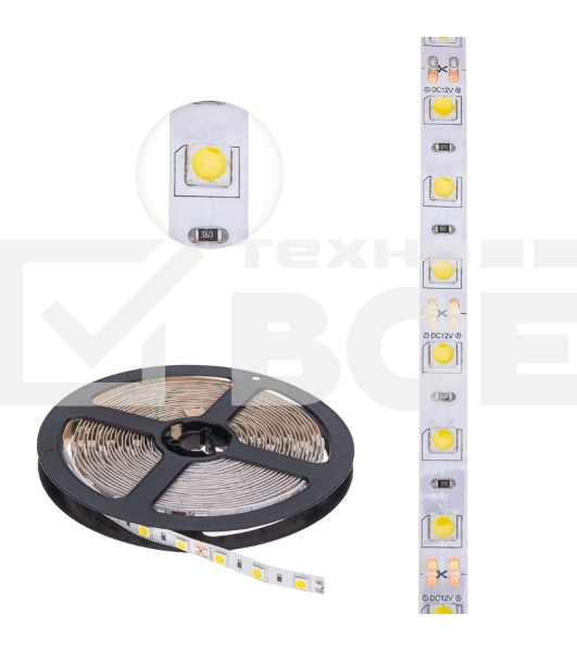 Лента LED 5 м 12 В 5050 4000 К IP23 60 LED/м для БП с клеммами LAMPER