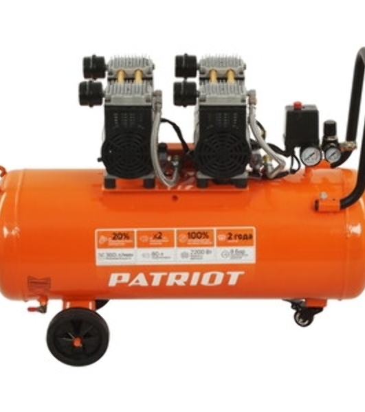 Компрессор поршневой безмасляный Patriot WO 80-360, 360 л/мин, 8 бар, 2200 Вт, 80 л, быстросъем и 'елочка' с вентилем