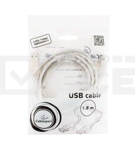 Кабель удлинитель USB2.0 Pro Cablexpert CCF-USB2-AMAF-TR-6, AM/AF, 1,8м, экран, 2феррит.кольца, прозрачный, пакет