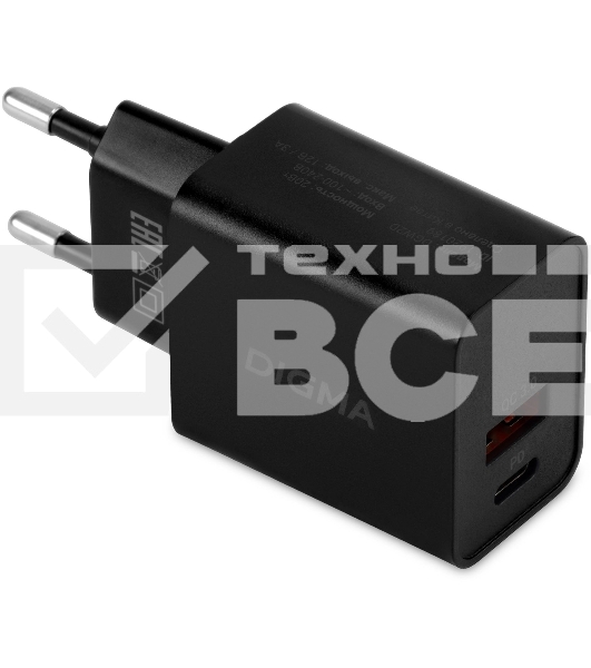 Сетевое зарядное устройство Digma DGW2D 20W 3A+1A (PD+QC) USB-C/USB-A универсальное черный