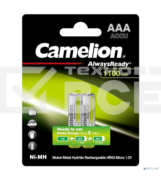 Батарейки Camelion AAA-1100mAh Ni-Mh BL-2 (NH-AAA1100BP2, аккумулятор,1.2В) (2 шт. в уп-ке)