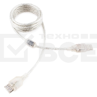 Кабель удлинитель USB2.0 Pro Cablexpert CCF-USB2-AMAF-TR-2M, AM/AF, 2м, экран, 2феррит.кольца, прозрачный, пакет