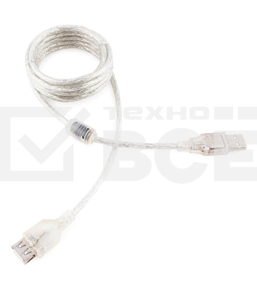 Кабель удлинитель USB2.0 Pro Cablexpert CCF-USB2-AMAF-TR-2M, AM/AF, 2м, экран, 2феррит.кольца, прозрачный, пакет