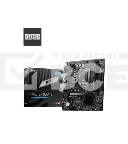 Материнская плата MSI PRO B760M-E, LGA 1700, Intel B760, 2xDDR5, 4xSATA, 1xM.2, 1xPCIe 4.0 x16, 1xPCIe 4.0 x1, 1xHDMI, 1xVGA, 1x1Gb LAN, 2xUSB-A 3.2 Gen 1, 4xUSB-A 2.0, 3x3.5 мм, 7.1, mATX