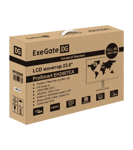 Монитор 23.8' ExeGate Combat EG2407B IPS 1920x1080, 120 Гц, 3 мс, 16:9, 300 кд/м², 1xHDMI, 1xDisplayPort, VGA, Flicker Free, Low Blue Light, с динамиками 2x3 Вт, черный