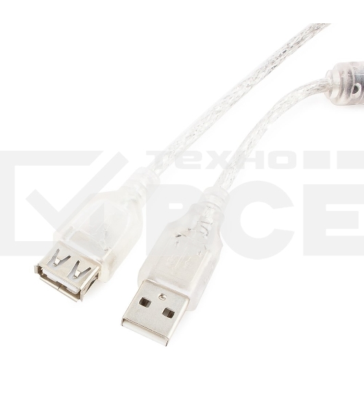 Кабель удлинитель USB2.0 Pro Cablexpert CCF-USB2-AMAF-TR-2M, AM/AF, 2м, экран, 2феррит.кольца, прозрачный, пакет