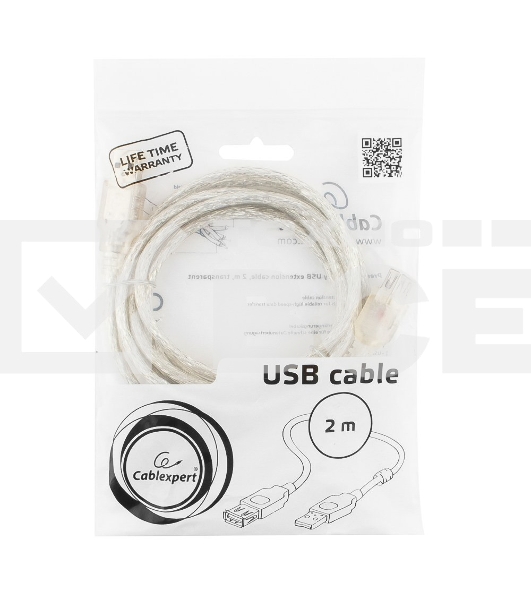 Кабель удлинитель USB2.0 Pro Cablexpert CCF-USB2-AMAF-TR-2M, AM/AF, 2м, экран, 2феррит.кольца, прозрачный, пакет