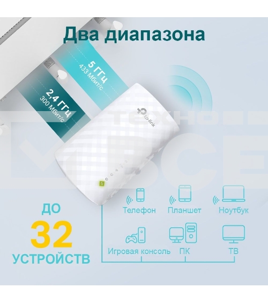 Усилитель Wi-Fi сигнала TP-Link AC750 OneMesh WiFi Range Extender, 300Mbps at 2.4G and 433Mbps at 5G, compact house with internal antennas, 1 10/100Mbps Ethernet port, WPS button for quick setup, Smart Indicator for best location, support OneMeshTMtechnol