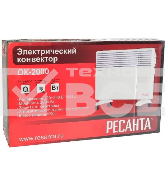 Конвектор Ресанта ОК-2000 белый, 2000 Вт, 25 м2, термостат