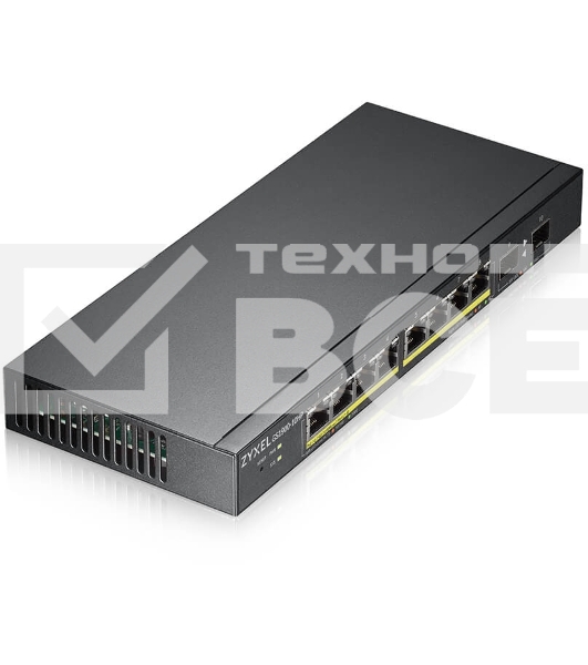Коммутатор Smart L2 PoE+ Zyxel GS1900-10HP, 8xGE PoE+, 2xSFP, настольный, бесшумный, бюджет PoE 77 Вт
