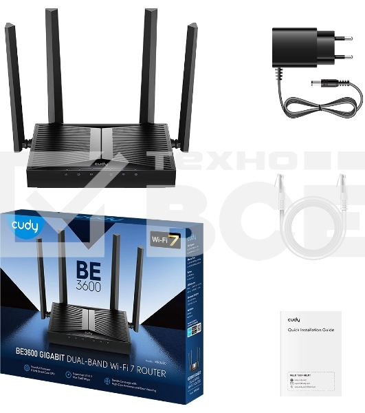 Маршрутизатор Cudy BE3600 Gigabit Dual Band Wi-Fi 7 Mesh Router, Chipset Broadcom, 802.11be/ax/ac/a/b/g/n, 2882Mbps at 5GHz + 688Mbps at 2.4GHz, 5 x 10/100/1000Mbps Ports, 4 x 5dBi fixed antennas, WiFi router/AP/ Repeater/WISP Mode, PPTP/L2TP/OpenVPN/Wire