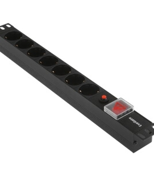 Блок розеток горизонтальный ExeGate ServerPro PDU-19H702 Al-7S-C14-SW-O, 19', 1U, Алюминий, 7 Schuko, С14, защита от перегрузки, черный