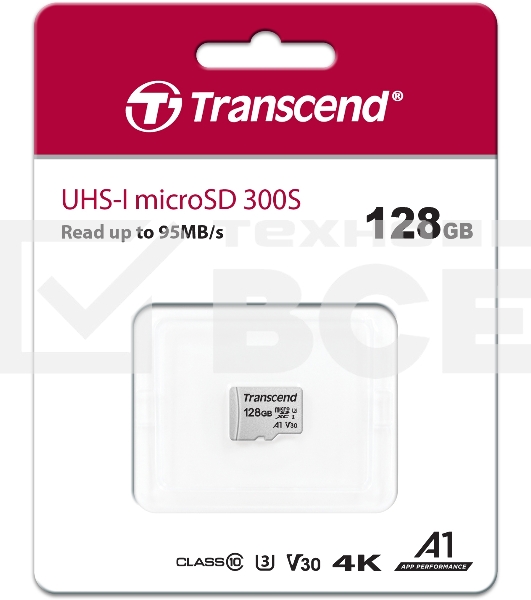 Флеш карта microSD 128GB Transcend microSDXC Class 10 UHS-I U3, V30, A1, (без адаптера), TLC