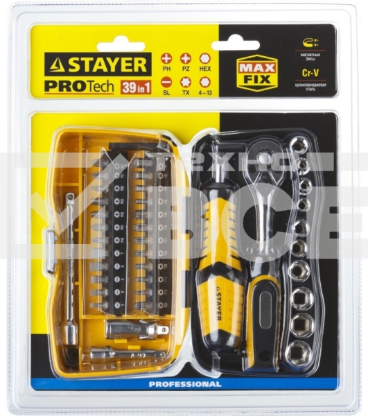 Биты и торцовые головки с трещоткой и воротком 39шт STAYER PROFI 25135-H39