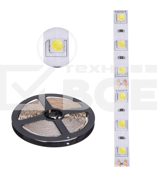 Лента LED 5 м 12 В 5050 6500 К IP23 60 LED/м для БП с клеммами LAMPER