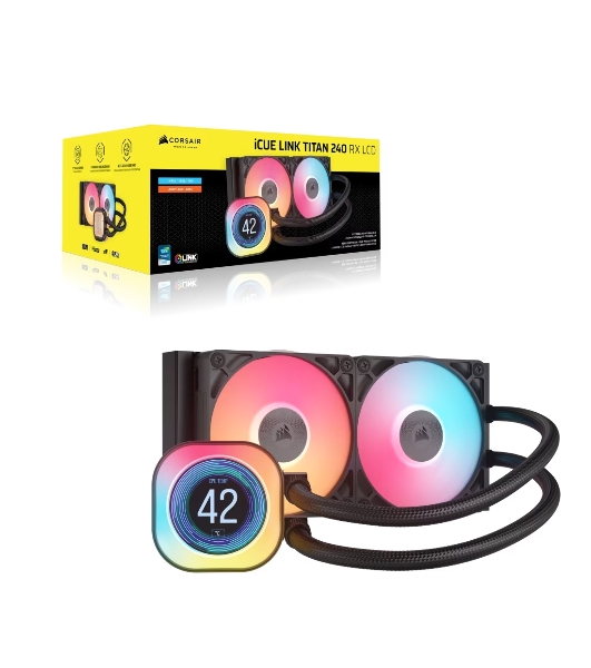 Система жидкостного охлаждения Corsair iCUE LINK TITAN 240 RX LCD (240мм, черный, RGb/ Fans: 2x120мм, 73.5CFM, 36dBA, 2100RPM/ S: 1851, 1700, AM5, AM4)