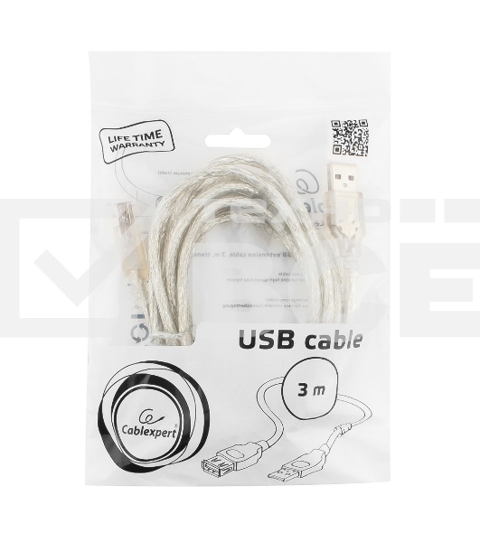Кабель Cablexpert USB2.0 Pro, AM/AF, 3м, экран, 2 феррит.кольца, прозрачный (CCF-USB2-AMAF-TR-10)
