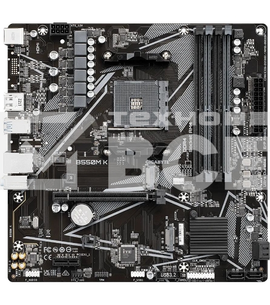 Материнская плата Gigabyte B550M K, AM4, AMD B550, 4xDDR4, 4xSATA, 2xM.2, 1xPCIe 4.0 x16, 1xPCIe x1, 1xHDMI, 1xDP, 1x 1Gb LAN, 4xUSB-A 3.2 Gen 1, 4xUSB-A 2.0, 3x3.5 мм, 7.1, mATX