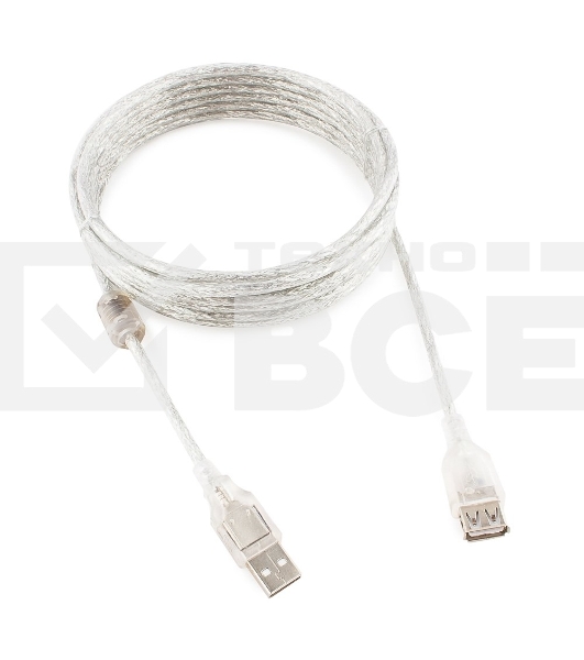 Кабель удлинитель USB2.0 Pro Cablexpert CCF-USB2-AMAF-TR-15, AM/AF, 4,5м, экран, 2феррит.кольца, прозрачный, пакет