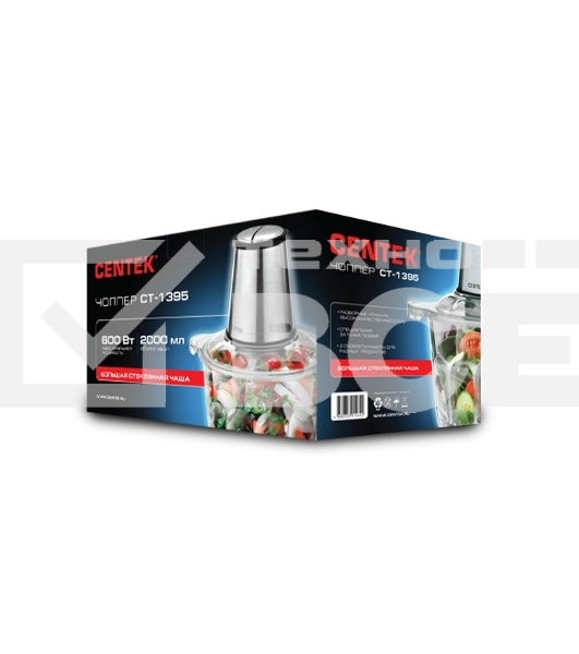 Измельчитель Centek CT-1395 Сталь <600Вт> 2 скорости, стеклянная чаша 2,0л, разборные ножи, 4 лезвия