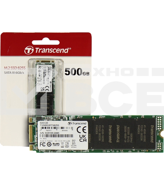 Накопитель SSD M.2 Transcend 500Gb MTS825 TS500GMTS825S (SATA3, up to 530/480MBs, 3D NAND, 180TBW, 22x80мм)