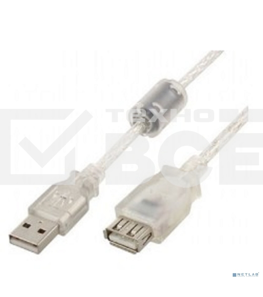 Кабель удлинитель USB2.0 Pro Cablexpert CCF-USB2-AMAF-TR-6, AM/AF, 1,8м, экран, 2феррит.кольца, прозрачный, пакет