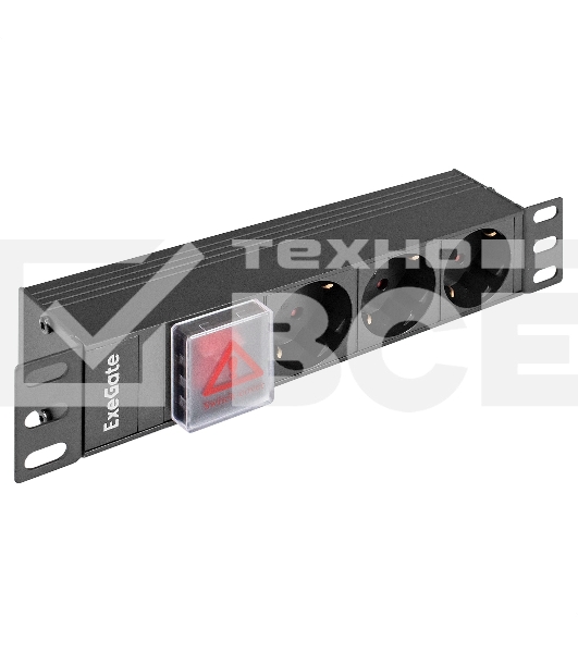 Блок розеток 10' с выключателем с подсветкой ExeGate ServerPro PDU-10H305 Al-3S-C14-SW (10', 1U, Алюминий, 3 Schuko, C14, выкл. с подсветкой, (ШхВхГ): 254х45х45 мм, черный, RTL)