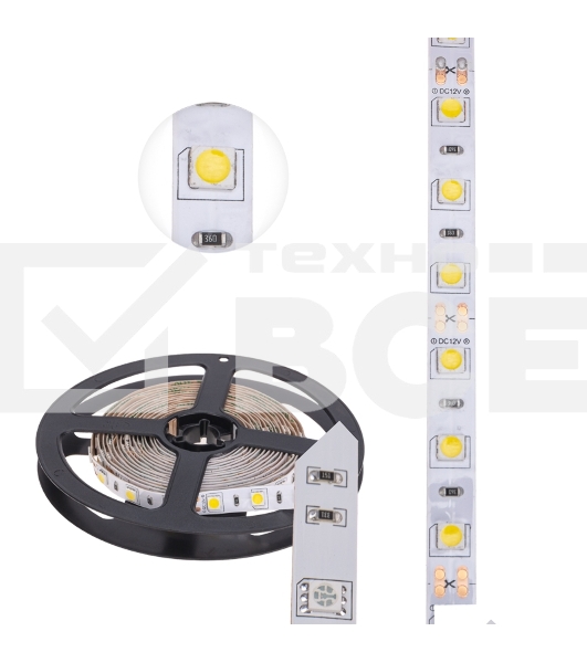 Лента LED 3 м 12 В 5050 4000 К IP23 60 LED/м для БП с клеммами LAMPER