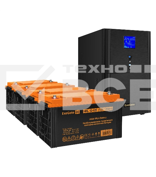 Комплект Источник бесперебойного питания EX295990RUS + батарея 120Aч EX285657RUS 4шт ExeGate SineTower SZ-3000.LCD.AVR.3SH.1C13.RJ.USB + батарея ExeGate HRL 12-120 4шт