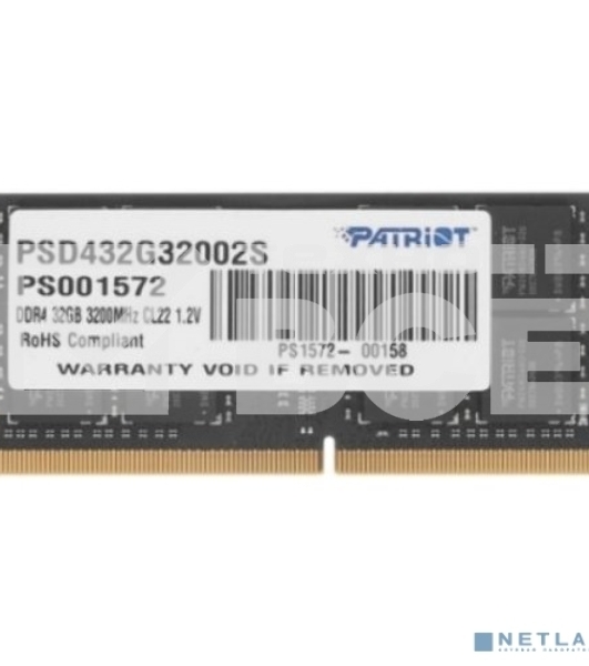 Оперативная память Patriot Signature, DDR4, 32GB (1x32 GB), 3200 MHz, CL22, SO-DIMM