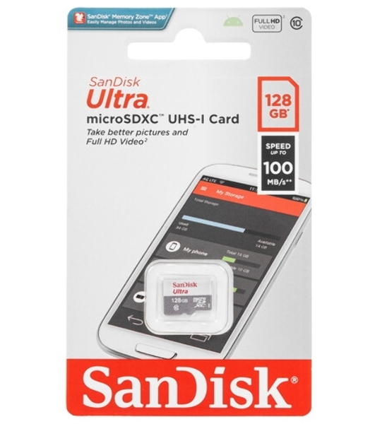 Флеш карта microSDXC 128GB SanDisk Ultra Class 10, UHS-I, R 100 МБ/с, SDSQUNR-128G-GN3MN адаптер на SD