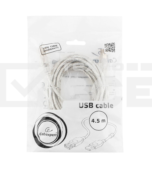Кабель удлинитель USB2.0 Pro Cablexpert CCF-USB2-AMAF-TR-15, AM/AF, 4,5м, экран, 2феррит.кольца, прозрачный, пакет