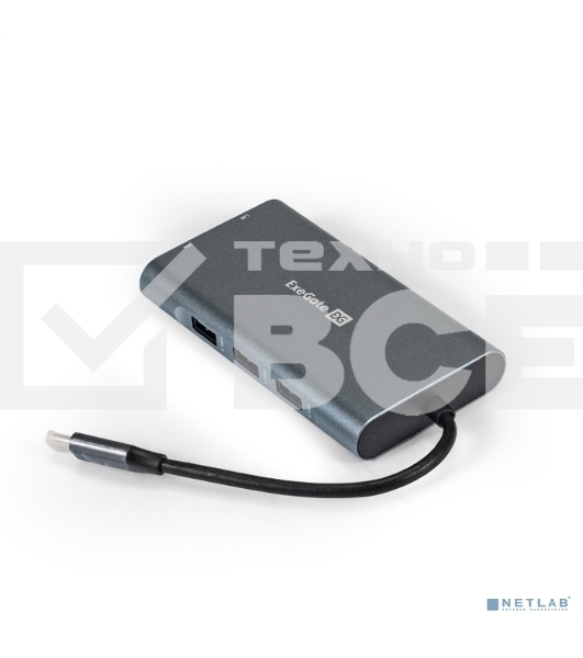 Док-станция ExeGate EX293985RUS DUB-31C/MAX (кабель-адаптер USB Type-C --> 3xUSB3.0 + Card Reader + PD 100W + HDMI 4K@30Hz + VGA + Audio + Lan RJ45 10/100/1000Mb, Plug&Play, серый)