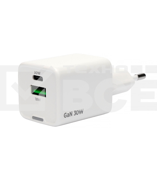 Зарядное устройство Cablexpert MP3A-PC-63, 30Вт GaN, 3А, QC4.0/PD, 1xUSB, 1xType-C, белый, пакет