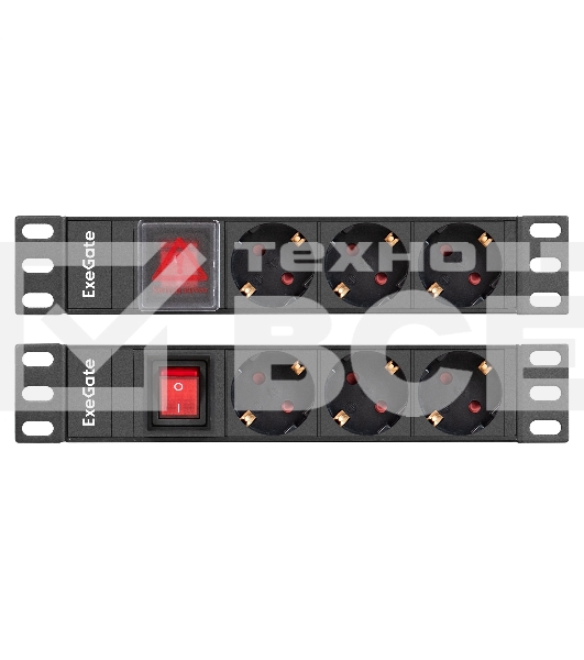 Блок розеток 10' с выключателем с подсветкой ExeGate ServerPro PDU-10H305 Al-3S-C14-SW (10', 1U, Алюминий, 3 Schuko, C14, выкл. с подсветкой, (ШхВхГ): 254х45х45 мм, черный, RTL)