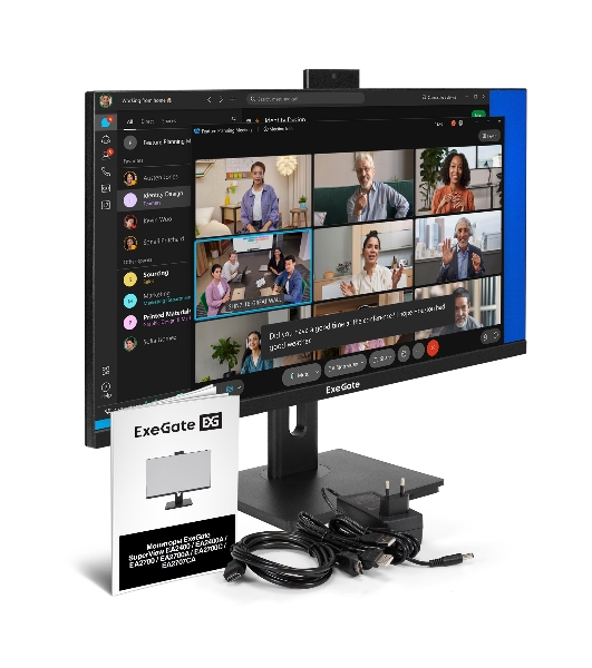 Монитор 27' ExeGate SuperView EA2707CA IPS 2560x1440, 75 Гц, 5 мс, 16:9, 250 кд/м², HDMI 2.0, DP, 3.5 Jack, USB Hub, динамики (2x2 Вт), веб-камера (2 Мп), FreeSync, черный