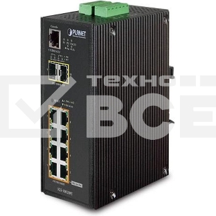 Индустриальный PoE коммутатор IGS-10020PT для монтажа в DIN-рейку IP30 L2+ SNMP Manageable 8-Port Gigabit POE(Af) Switch + 2-Port Gigabit SFP Industrial Switch (-40 to 75 C), ERPS Ring Supported, 1588