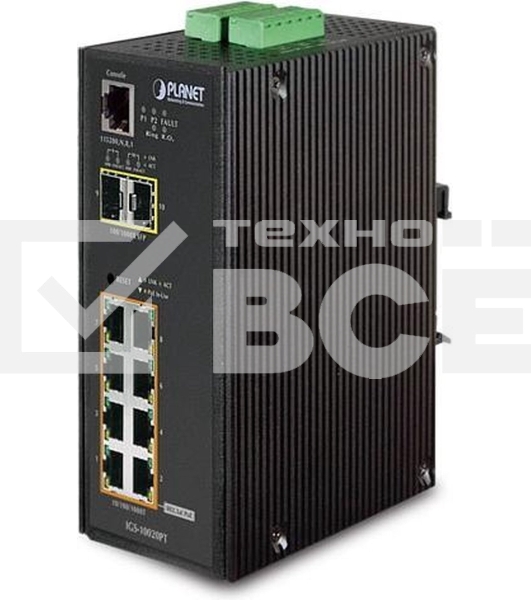 Индустриальный PoE коммутатор IGS-10020PT для монтажа в DIN-рейку IP30 L2+ SNMP Manageable 8-Port Gigabit POE(Af) Switch + 2-Port Gigabit SFP Industrial Switch (-40 to 75 C), ERPS Ring Supported, 1588